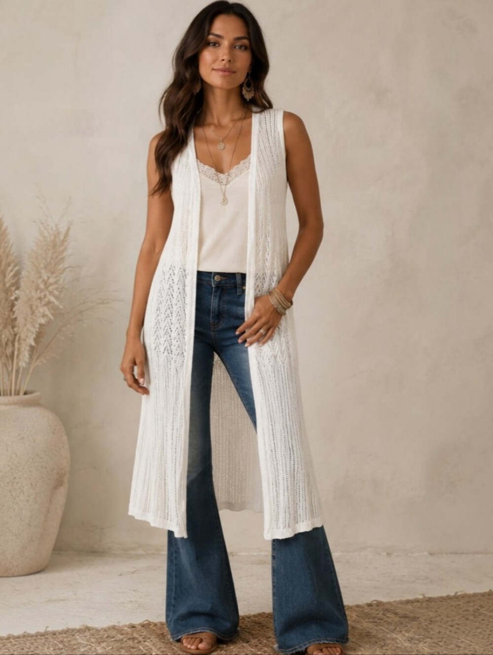 Ashley Stewart White Open Knit Duster Vest Size 14/16 Boho Longline